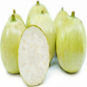 Several light green round gourds with white interiors kept against a white background