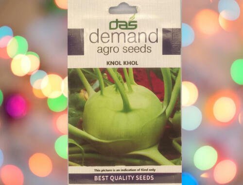 A blue white packet of Demand Agro Knol Khol Seeds kept against a colourful light background