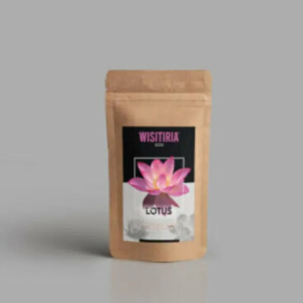 This is an image of a packet of Wisitiria Lotus Seeds kept against grey color background.