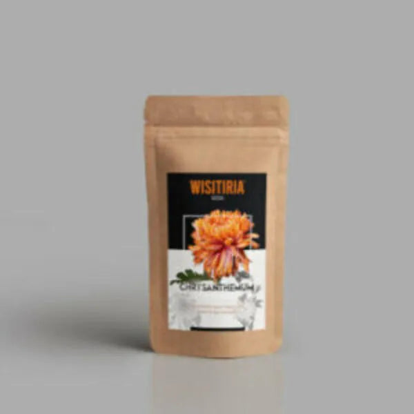 This is an image of a packet of Wisitiria Chrysanthemum Seeds kept against grey color background.
