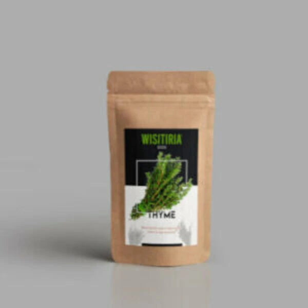 This is an image of a packet of Wisitiria Thyme Seeds kept against grey color background.