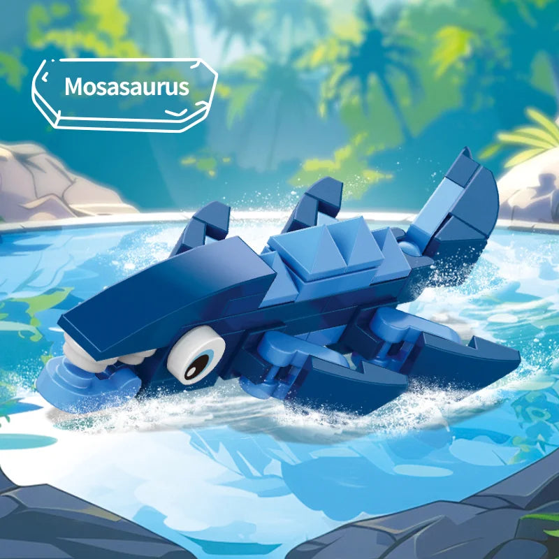 A blue mosasaurus in the water.