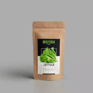 This is an image of a brown packet of Wisitiria Seeds Lettuce Seeds kept against grey color background.